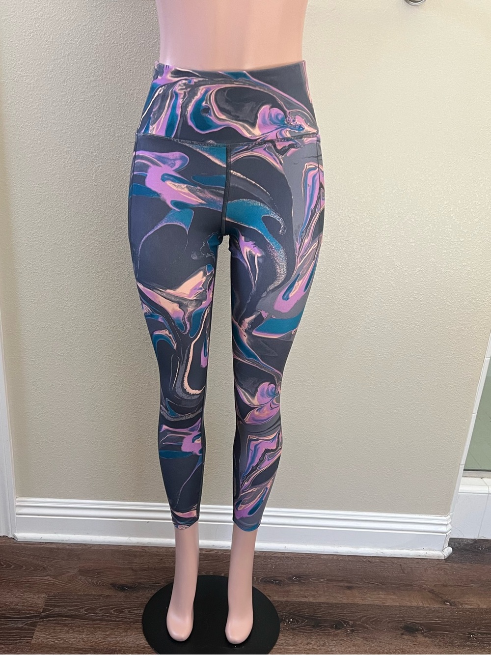 Swirl Print High-Waist Leggings — Teal, Purple, Pink. Size S.